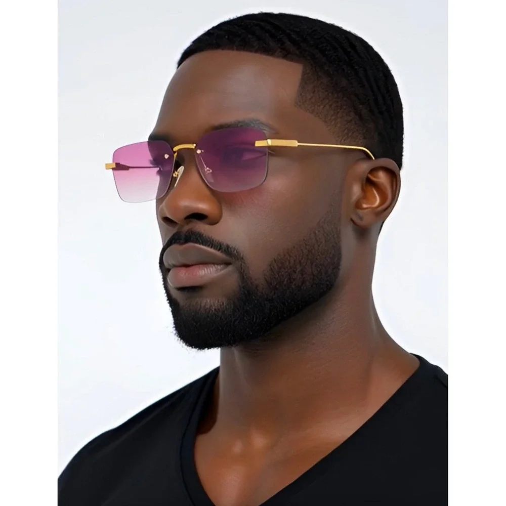 Mens Sophisticated Sunglasses Gold‎ Metal Frame Purple Lens UV400 Hip Hop Shades